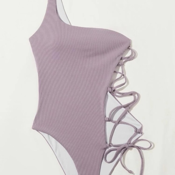 Rib Lace Up One Shoulder Swimsuit - Picture 3 of 6